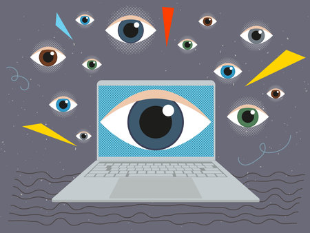 Open laptop and many eyes - surveillance concept. Vector illustration in collage styleのイラスト素材