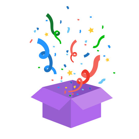 Opened box with a bright multicolored confetti explosion. Vector illustration on a white backgroundのイラスト素材