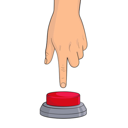 Hand and a big red button. Vector illustration isolated on a white backgroundのイラスト素材