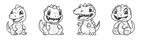 Little cute happy dinos set. Collection of Kids dinosaurs for coloring book. Vector illustration isolated on a white backgroundのイラスト素材