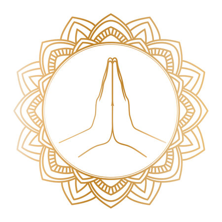 Golden Mudra Namaste in an ornate round frame. Hands in a praying gesture. vector illustrationのイラスト素材