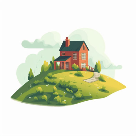 Cozy house on a green hillの素材