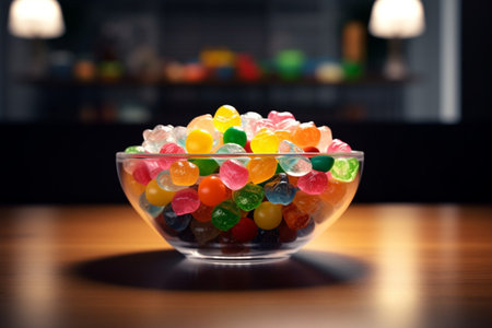 Colorful candies in a glass bowl on a tableの素材
