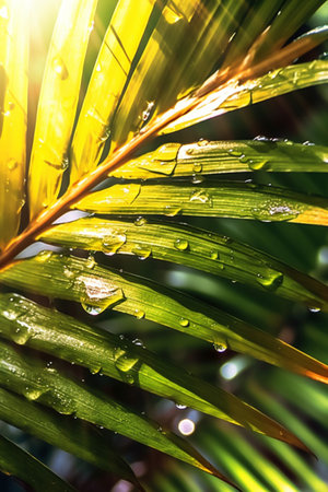 Wet palm tree leaf. Water drops on a tropical plantの素材