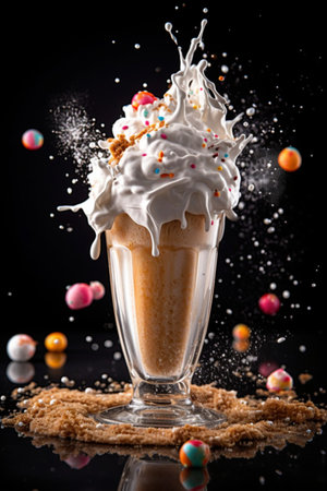 milkshake splash. Milkshake in a glass on a dark backgroundの素材