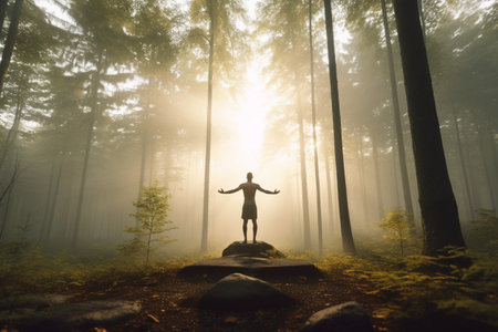 Man in the morning forestの素材