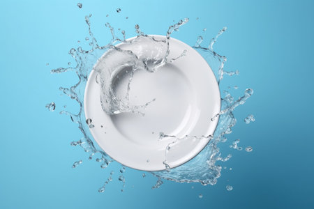Clean white ceramic plate with a water splashes on a blue backgroundの素材