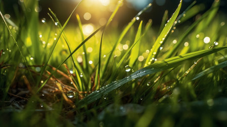 Wet shiny grass in a sunny morningの素材