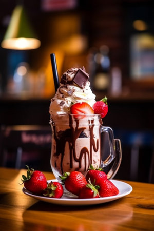 Freakshake in Jar on table in restaurant. Strawberry Ice Cream and chocolateの素材