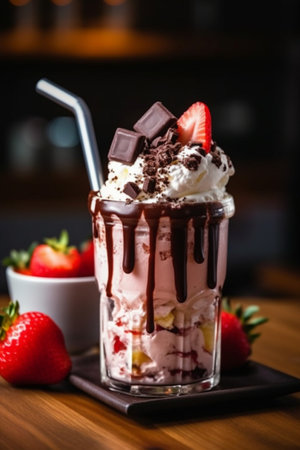 Freakshake in Jar on table in restaurant. Strawberry Ice Cream and chocolateの素材