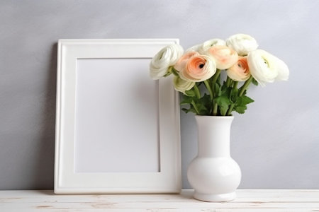 Blank white frame mockup with a runuculus flowers in vase, minimalistic styleの素材