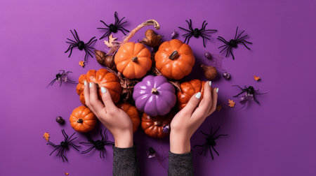 Halloween background with a pumkins, bats, spiders and female hands in a purple colorsの素材