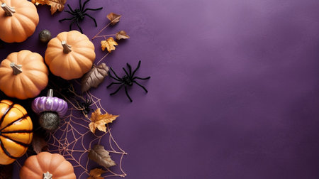 Halloween background with a pumkins, bats, spiders and autumn leaves in a purple colors with a place for textの素材