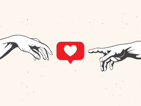 Adam and God hands with a like symbol in a modern collage style. human and heart sign. vector illustrationのイラスト素材