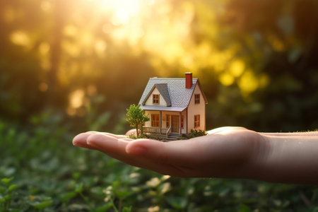 Small cozy house in a hand with a soft sunlight. AI generatedの素材