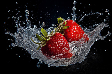 Strawberries in a water splash on a dark background. AI generatedの素材