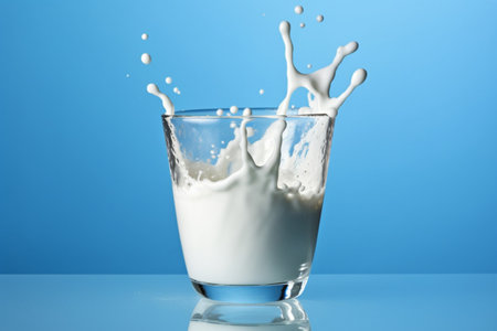 Glass of milk. Splashed milk on a blue background. AI generatedの素材