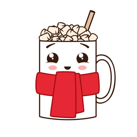 A mug with a winter scarf and marshmallow. Happy kawaii character. vector illustrationのイラスト素材
