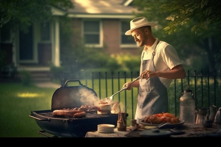 Man cooks BBQ near his house in a sunny summer day. AI generatedの素材