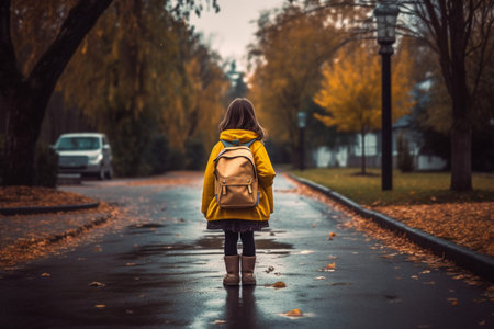 Little girl goes to school alone back view. Kid with a backpack on the autumn street. AI generatedの素材