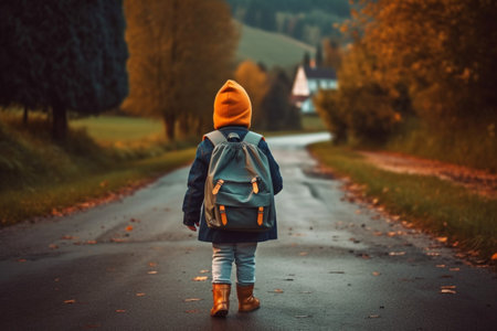 Little boy goes to school alone back view. Kid with a backpack on the autumn street. AI generatedの素材