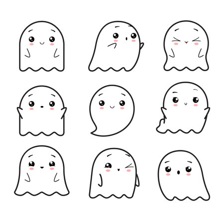 Collection of cute friendly ghosts. Vector illustration isolated on white backgroundのイラスト素材