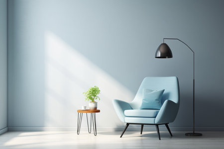 Minimalist light color interior with a blue armchair and lamp. AI generatedの素材