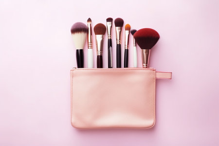 Cosmetic brushes in a pink bag an a light background. AI generatedの素材