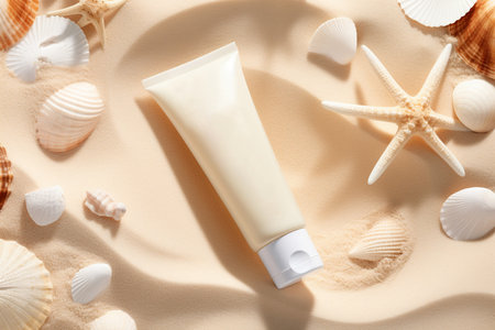Sunscreen on a beach background. SPF cream on sand an shells. AI generatedの素材
