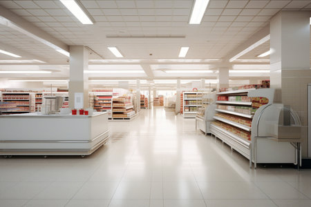 White supermarket interior. Store without people. AI generatedの素材