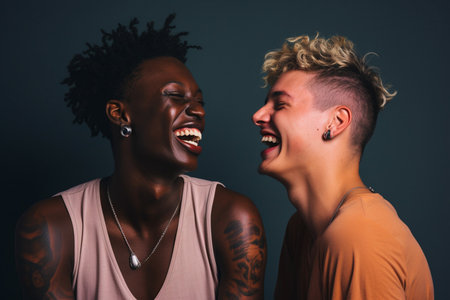 Two happy friends. Women and men laugh. AI generatedの素材