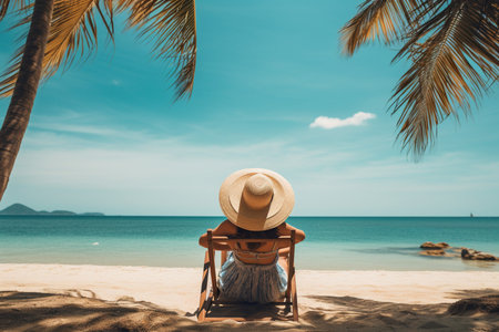 Woman in hat on beautiful beach. summer holidays. AI generatedの素材