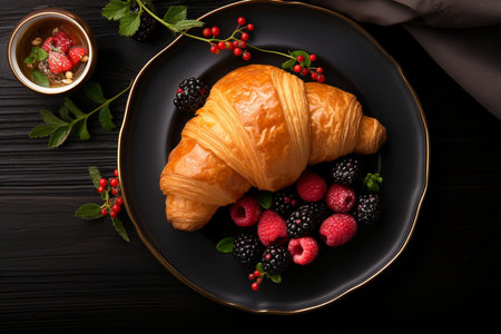 Croissant with berries on plate top view. AI generatedの素材
