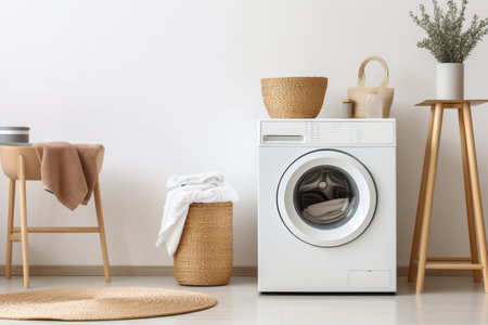 White washing machine in a laundry room. AI generatedの素材