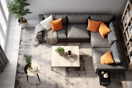 Modern living room interior with a gray sofa top view. AI generatedの素材