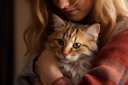 Cute cat and young woman. AI generatedの素材