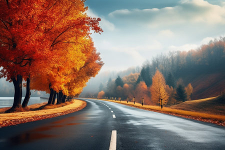 Autumn beautiful road. fall trip. AI generatedの素材