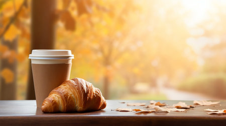 A paper cup and croissant on a wooden table with an autumn blurred background with a place for text. AI generatedの素材