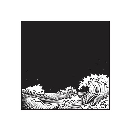 Square composition with ocean waves. T-shirt design, tattoo art. vector illustrationのイラスト素材