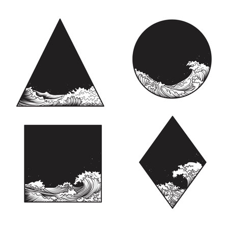 Collection of geometric compositions with ocean waves. T-shirt design, tattoo art. vector illustrationのイラスト素材