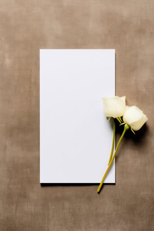 Blank card mock up, minimalist flat lay with a white card and plant. AI generatedの素材