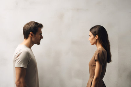 Man and woman stand facing each other, sense of confrontation and tension. Conflicts, communication breakdowns, and difficult conversations. interpersonal relationships. AI generatedの素材