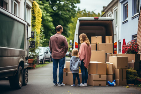 Family near moving van with boxes, outdoor, back view. AI generatedの素材