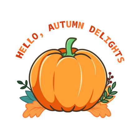 Cartoon pumpkin with autumn leaves and text "Hello, Autumn Deligts". Vector illustration isolated on white backgroundのイラスト素材