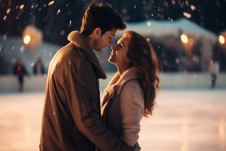 A couple in love on a skating rink. Man and woman look to each other. AI generatedの素材