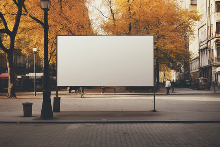 Blank banner mock up. Empty banner on a autumn city street. AI generatedの素材