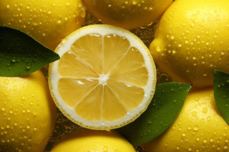 fresh lemon top view background. Sliced lemons close up. AI generatedの素材