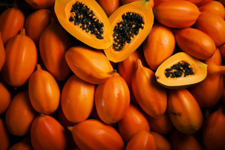 Fresh papaya top view background. Sliced and whole fruits backdrop. AI generatedの素材