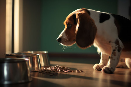 Cute dog with a pet's bowl with a food. AI generatedの素材