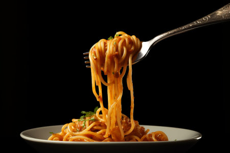 Spaghetti on a fork, dark background. AI generatedの素材